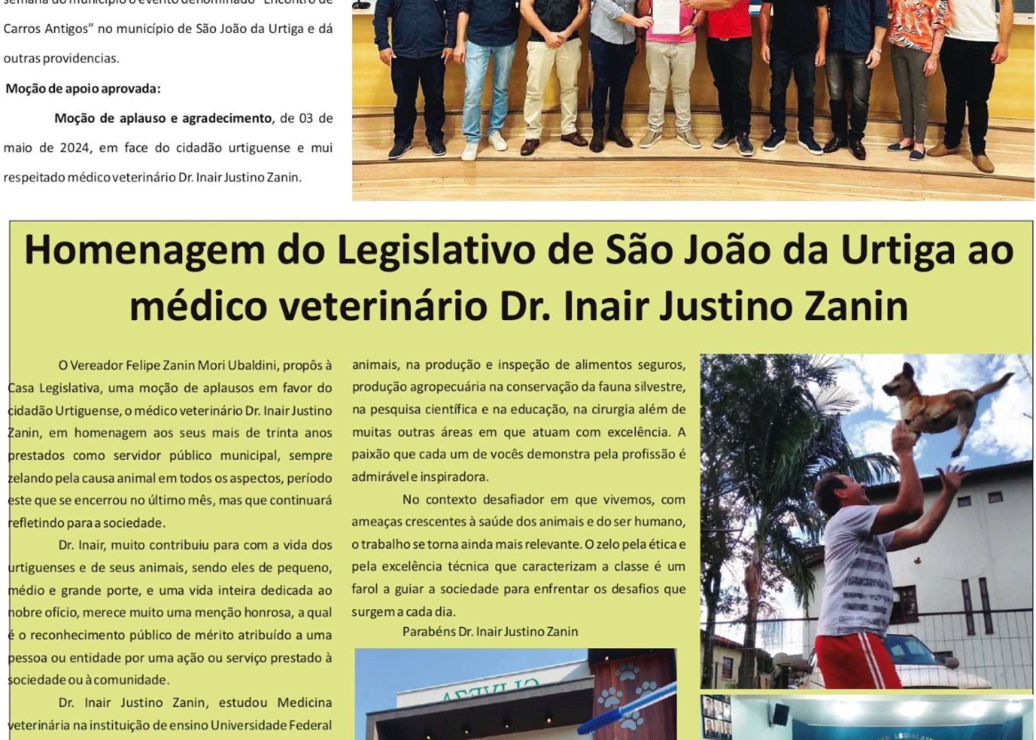 Homenagem do Legislativo ao médico veterinário Dr. Inair Justino Zanin