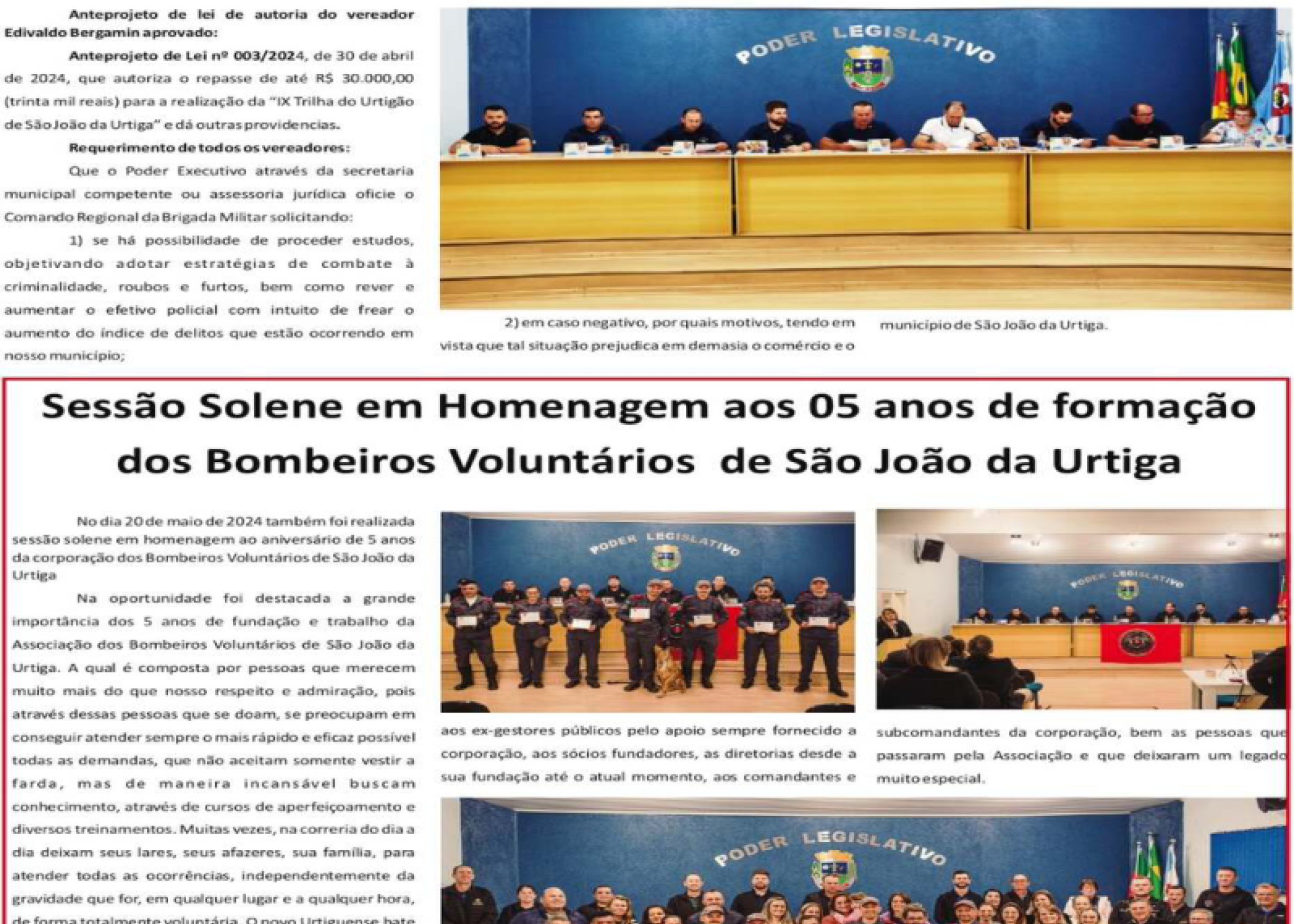 Sessão Solene em Homenagem aos 05 anos de Formação dos Bombeiros Voluntários